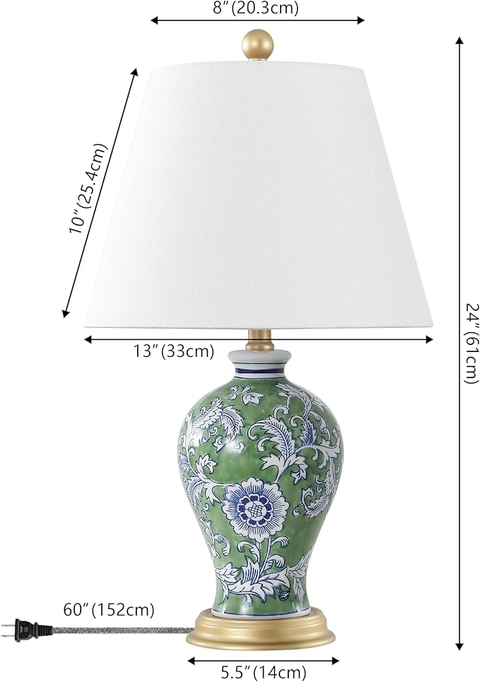 JONATHAN Y JYL3009F Grace 24" French Country Cottage Ceramic/Iron Floral Urn LED Table Lamp, Green/White for Bedroom, Living Room, Office, College