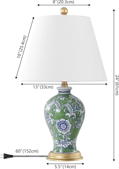 JONATHAN Y JYL3009F Grace 24" French Country Cottage Ceramic/Iron Floral Urn LED Table Lamp, Green/White for Bedroom, Living Room, Office, College