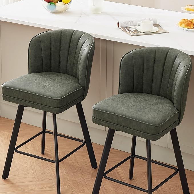 Swivel Counter Height Bar Stools Set of 3, 30'' Modern Barstools with Backs and Metal Legs, Upholstered Bar Chairs, Faux Leather Green Stools for Kitchen Island Chairs