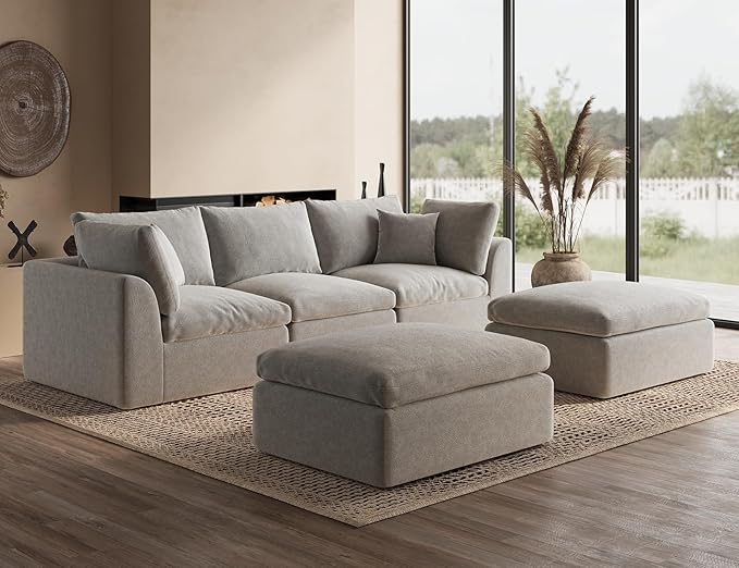 110" Cloud Sectional Couches for Living Room, Boneless U Shaped Couch with Ottoman, 3 Seater Modular Sectional Sofa, Light Grey