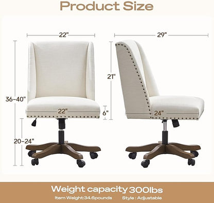Armless Upholstered Office Chair with Wooden Legs, Modern Criss Cross Adjustable Home Office Desk Chair No Arms Sewing Chair Swivel Chair for Women Farmhouse Study Studio (Beige)