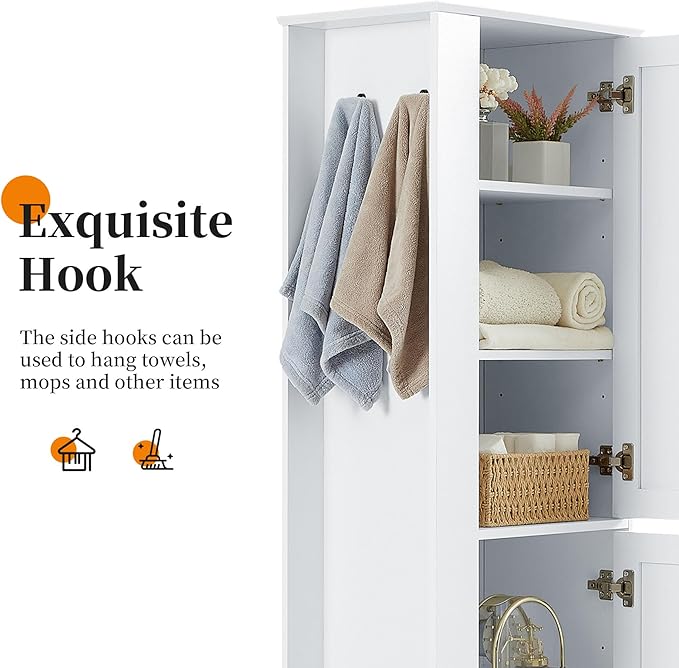 Tall Storage Cabinet, Bathroom Floor Freestanding Storage Cabinet with Hook and Adjustable Shelf for Bathroom, Office, Living Room, White