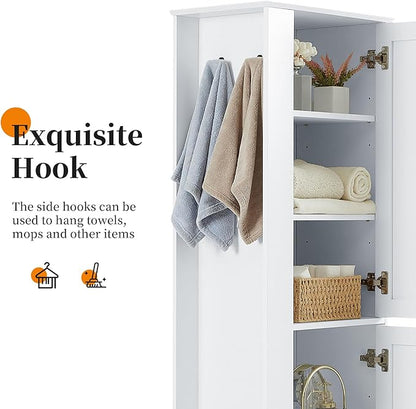 Tall Storage Cabinet, Bathroom Floor Freestanding Storage Cabinet with Hook and Adjustable Shelf for Bathroom, Office, Living Room, White