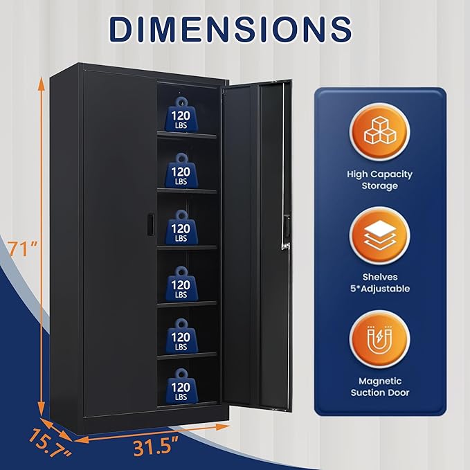 Metal Storage Cabinet, 71 Inch Tall Metal Storage Cabinet with Doors and Shelves, Pantry Cabinets for Kitchen Storage, Garage Cabinet for Living, Dining Room, Assemble Required