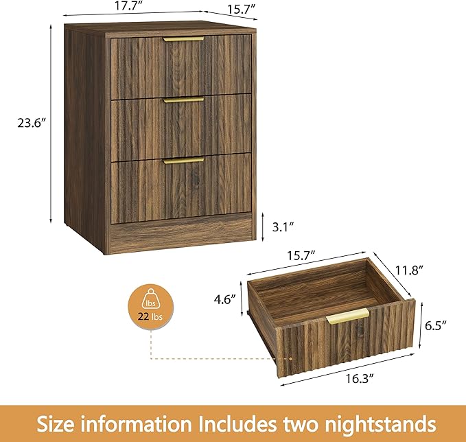 3-Piece Modern Bedroom Furniture Set, Wide 9-Drawer Dresser & 3-Drawer Nightstands Set of 2, Natural Wood Dresser and Nightstand Sets for Bedroom, Hallway, Walnut