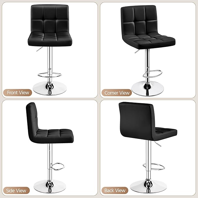 Yaheetech Bar Stools Set of 4, PU Leather Swivel Barstools, Height Adjustable Counter Chairs, Modern Stools with Back for Bar Kitchen Island Dining Room, Black