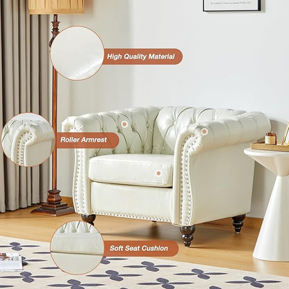 Living Room Chair, Modern Leather Chesterfield Sofa Chair, Mid Century Single Sofa Couch Chair with Tufted Back and Rolled Arms, Accent Sofa Chair for Living Room Apartment, White