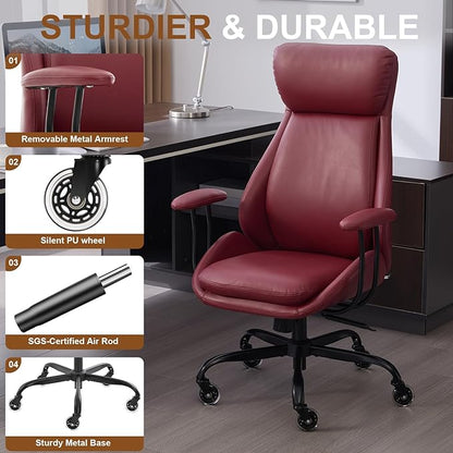 Home Office Desk Chair, PU Casters Ergonomic Computer Chair with Lumbar Support, Adjustable Height, 360°Rolling Swivel Chair, High Back Executive Task, Padded Armrests Chair, Red Leather