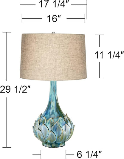 Possini Euro Design Kenya Modern Tropical 3-Way Table Lamp with Dimmer 29 1/2" Tall Blue Green Glaze Ceramic Beige Linen Drum Shade for Bedroom Living Room House Home Bedside Nightstand Office