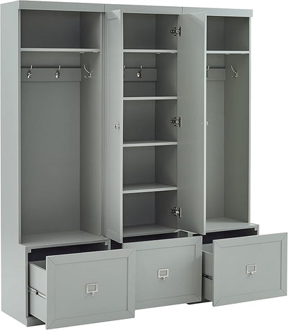 Crosley Furniture Harper 3-Piece Hall Tree and Storage Cabinet Set with Entryway Bench and Hooks for Hanging, Gray