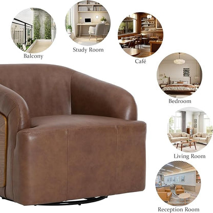 Genuine Leather Swivel Accent Chair Swivel Barrel Chair Comfortable Mid Century Modern Chair Upholstered Metal Base Armchair for Living Room Bedroom Office Large Vintage Brown