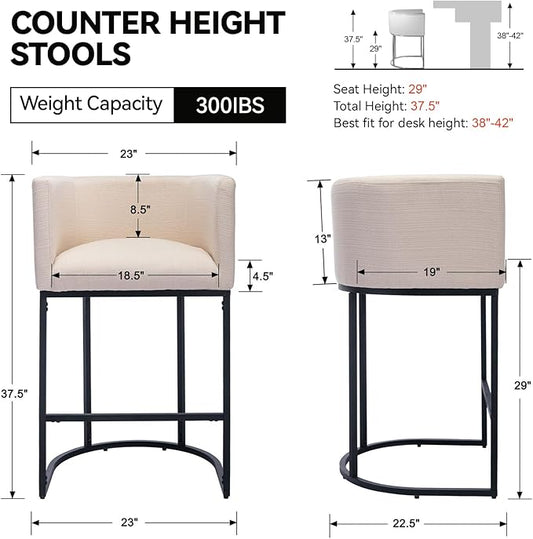 Contemporary Cream Linen Bar Stools Set of 3, 29" Upholstered Fabric Counter Height Barstools Kitchen Counter Island Stools with Black Metal Base