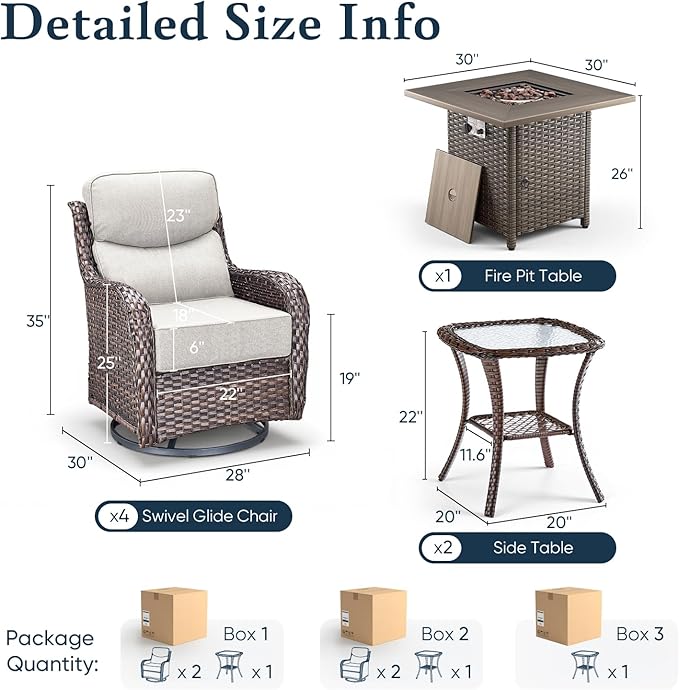 Belord Luxury 6" Thick Cushioned Outdoor Swivel Rocker Chairs Set of 4 with Fire Pit Table, High Back Wicker Patio Furniture Set with Ergonomic Zone Back, Conversation Set for Deck Porch - Brown+Beige
