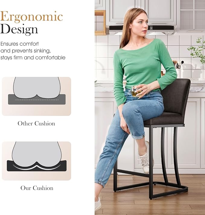 Sophia & William Grey Bar Stools Set of 3, Counter Height 24" Bar Chairs, Modern Faux Leather Bar Stools with Back
