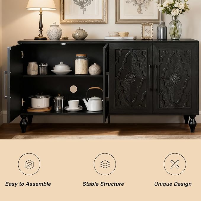 Sideboard Buffet Credenzas for Living Room, 63" Antique Black Entryway Table with Storage Accent Cabinet, Carved Flowers Doors & Wire Holes