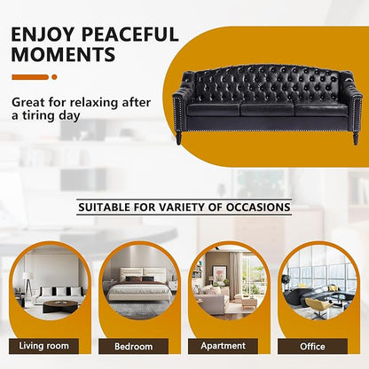 LEVNARY Mid-Century Modern Leather Couch, 80" Large Upholstered Sofa with High Back, Chesterfield Sofa Sleeper Settee with Solid Wood Legs, Tufted 3 Seater Wide Couches for Living Room Office (Black)