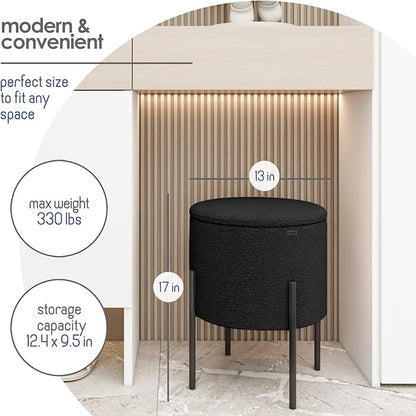 STORAGEBUD Round Ottoman with Storage, Boucle Storage Foot Stool, Makeup Vanity Stool, Small Ottoman Foot Rest, Modern Ottomans for Living Room and Bedroom, Black