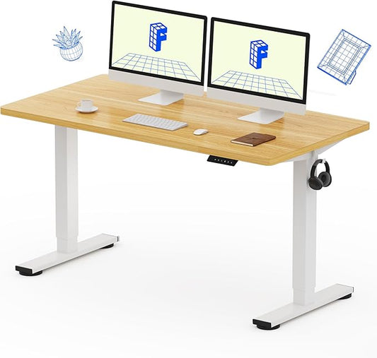 FLEXISPOT EN1 One-Piece Standing Desk 55 x 28 Inch Electric Adjustable Height Desk for Home Office and Computer Workstation (White Frame + 55" Maple Top, 2 Packages)