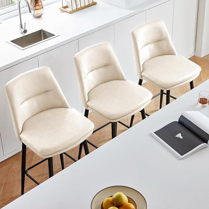 Beige Counter Height Bar Stools Set of 3, 26 Inch Seat Height with Back and Metal Legs, 360° Swivel Upholstered Faux Leather Swivel Bar Stools