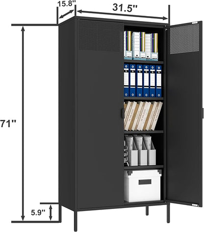 Metal Storage Cabinets with 4 Adjustable Shelves，Black Metal File Cabinet, 71'' Steel Storage for Home & Office, School,Kitchen Pantry,Tool Cabinet，Garage, Black
