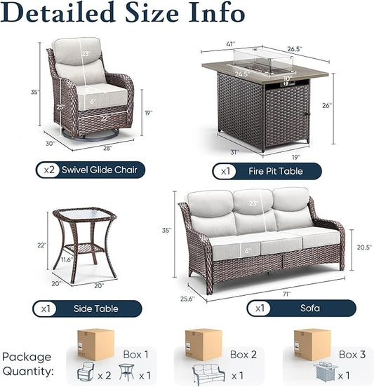 Belord Luxury 6" Thick Cushioned 5 Pieces Patio Furniture Set with Fire Pit Table, Wicker Outdoor Conversation Set with High Back Swivel Rocker Chairs for Deck Porch Yard and Poolside - Brown+Beige