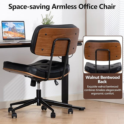 Armless Computer Chair, Small Desk Chair with Wheels and Adjustable Height, PU Leather Modern Swivel Walnut Task Chair for Home Office, Study, Library (Armle, Black)