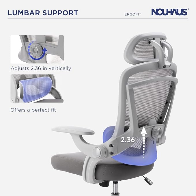 Nouhaus Ergo Fit Ergonomic Mesh Office Chair High Back Adjustable Lumbar Support Headrest and Adjustable Flip-up Armrests, Comfy Desk Chairs Swivel Computer Gaming Chair Tilt Function(N20, Grey)