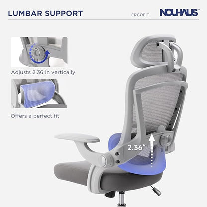 Nouhaus Ergo Fit Ergonomic Mesh Office Chair High Back Adjustable Lumbar Support Headrest and Adjustable Flip-up Armrests, Comfy Desk Chairs Swivel Computer Gaming Chair Tilt Function(N20, Grey)
