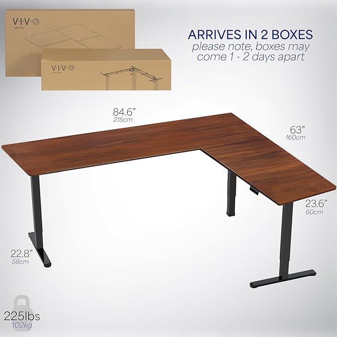VIVO Corner Standing Desk, 84 x 63 inch Reversible L-Shaped Workstation, Electric Height Adjustment, Home, Office, and Reception Rooms, Dark Walnut Table Top Black Frame, DESK-E3CTBD-84