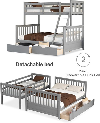 Merax Wood Bunk Bed with Drawers,Convertible Wood Bunk Bed with Ladders and Two Storage Drawers,Solid Wood Detachable Bed Frame with Ladders,Twin Over Full Size,Grey