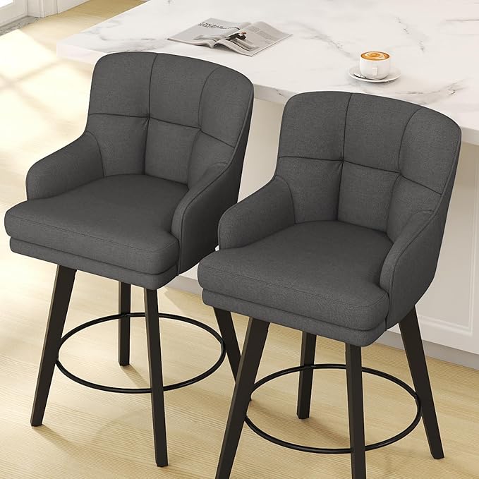 360°Swivel Counter Height Bar Stools with Back, 26 inch Solid Wood Legs, Bar Stool Modern Kitchen Island Chairs, Fabric (Black Grey- Fabric, 26" H- Set of 1)