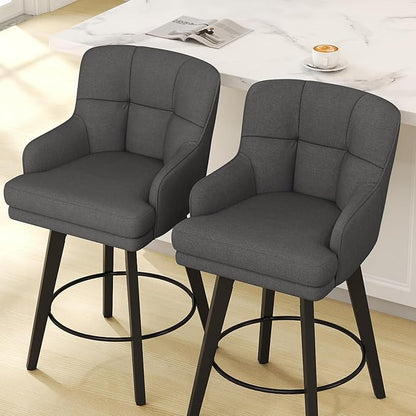 360°Swivel Counter Height Bar Stools with Back, 26 inch Solid Wood Legs, Bar Stool Modern Kitchen Island Chairs, Fabric (Black Grey- Fabric, 26" H- Set of 1)