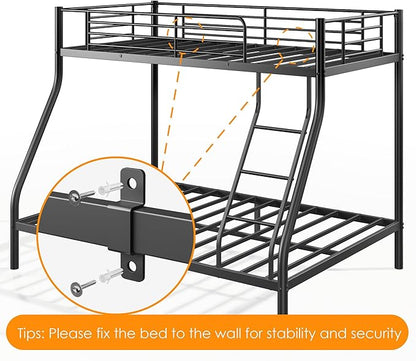 Twin Over Full Bunk Bed for Adults, Metal Bunk Beds Twin Over Full Size for Teens Dorm Bedroom Guest Room, Heavy Duty Bunk Beds with Ladder & Guardrail, No Box Spring Needed, Black