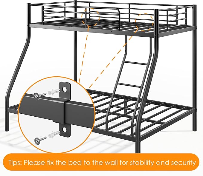 SDHYL Bunk Beds Twin Over Full Size, Heavy Duty Metal Bunk Bed Frame for Adults, Space-Saving & No Box Spring Needed, Black