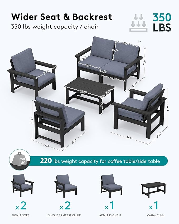 SERWALL HDPE Patio Conversation Set, 6-Piece Sectional Outdoor Furniture Set, All Weather Outdoor Couch Set Patio Furniture Set for Deck, Lawn, Black Frame with Grey Cushion