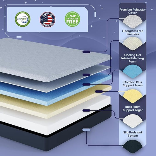 Celestial Sleep Gel Memory Foam Mattress in a Box, Made in The USA, CertiPUR-US® Certified Foam, Oeko-Tex, and Fiberglass-Free Certified Bed, 8 inch Firm - TwinXL