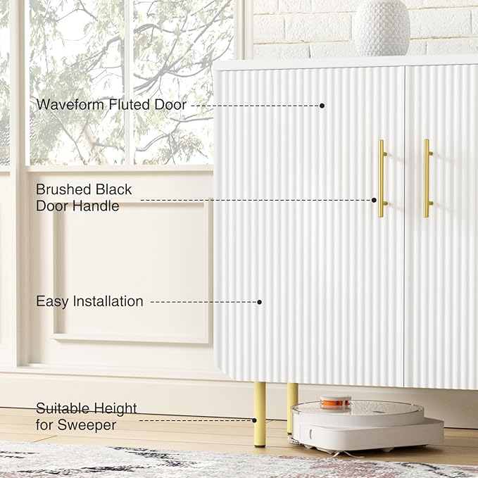 Set of 2 Fluted White Storage Cabinets, Modern 2-Door Sideboard Buffet Cabinet with Adjustable Shelves and Metal Legs, Accent Cabinet for Kitchen, Living Room, Entryway (White & Gold)