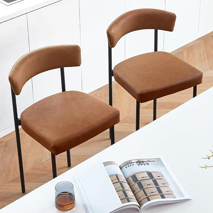 Brown Modern Bar Stools Set of 2, 24 Inch Faux Leather Counter Stools with Curved Backrest, Counter Height Bar Stool for Kitchen Island