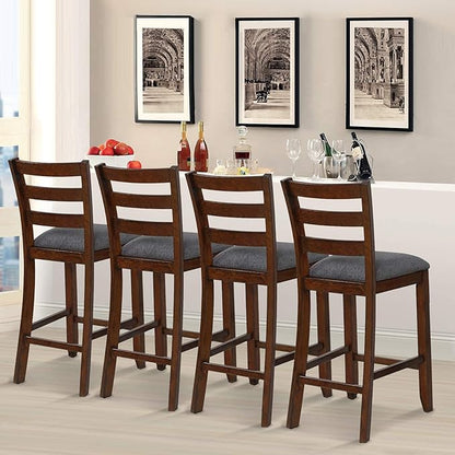 COSTWAY Set of 4 Counter Height Bar Stool, 25.5-Inch Upholstered Bar Stools with Solid Rubber Wood Frame, Foam-Padded Cushion, Footrest, Kitchen Chair for Bistro, Living Room, Grey and Brown