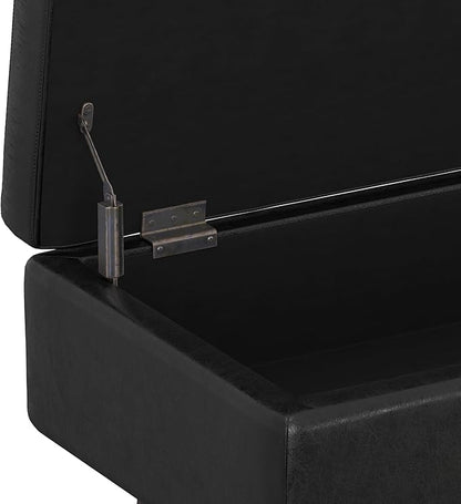 SIMPLIHOME Owen 48 inch Wide Mid Century Modern Rectangle Rectangular Storage Ottoman in Distressed Black Vegan Faux Leather, Assembled, for the Living Room, Entryway and Family Room