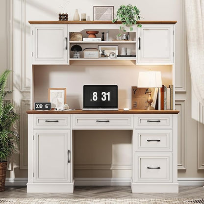 67" H Farmhouse Executive Desk with Hutch. Wood Workstation with 5 Drawers, Storage Cabinet, File Drawers and Charging Station, Ideal as Office Desks, Computer Desk for Home Office and Study