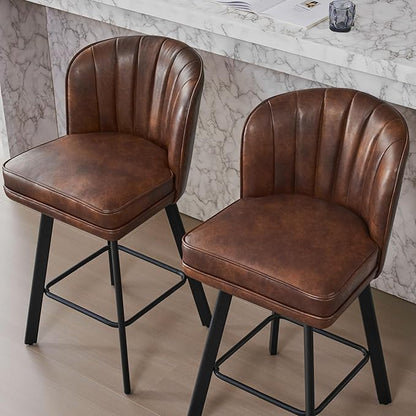 Swivel Counter Height Bar Stools Set of 3, 26'' Modern Barstools with Backs and Metal Legs, Upholstered Bar Chairs, Faux Leather Brown Stools for Kitchen Island Chairs