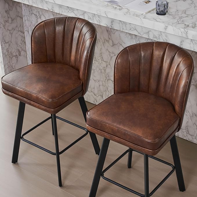Swivel Counter Height Bar Stools Set of 4, 26'' Modern Barstools with Backs and Metal Legs, Upholstered Bar Chairs, Faux Leather Brown Stools for Kitchen Island Chairs