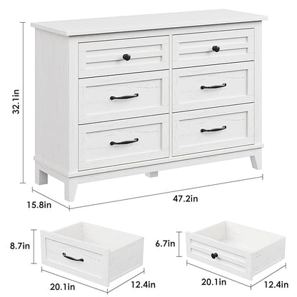 GarveeHome 6 Dresser for Bedroom, 47 in Wide Drawer Dresser with Storage Freestanding, Wooden Closet Storage Chest for Living Room, Bedroom, Entryway, White