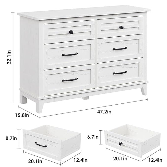 GarveeHome 6 Dresser for Bedroom, 47 in Wide Drawer Dresser with Storage Freestanding, Wooden Closet Storage Chest for Living Room, Bedroom, Entryway, White