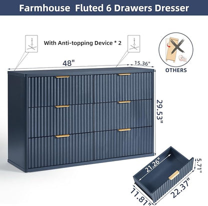 LEYAOYAO Fluted 6 Drawers Dresser Set of 2, 48" Wide Modern Chest of Drawers with Metal Handle, Navy Blue Curved Profile Dresser TV Stand, Wooden Drawer Organizer for Bedroom, Living Room, Hallway