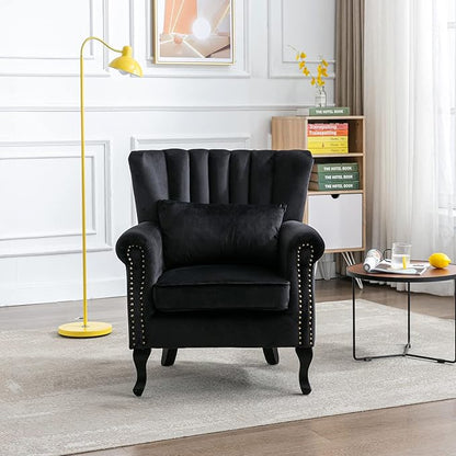Accent Reading Arm Chairs Midcentury Modern Comfy Corner Sofa Chair, Wingback Waiting Room Club Chair with Tufted Back for Living Room/Bedroom/Reception Room, Velvet Black