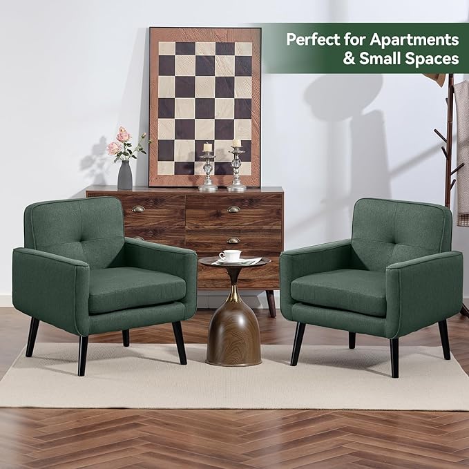 Accent Chair Set of 2, Fabric Modern Chair with Wooden Frame, Cozy Armchair Reading Chair with Comfy Back for Apartment, Living Room, Bedroom, Waiting Room, Small Space, Corner, Green
