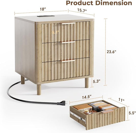 Fluted Nightstand with Charging Station, Multifunctional 3 Drawers Storage Bedside Table, Solid Wood Modern Nightstand, Curved Profile Design, End Table for Indoor Room Bedroom Office, Oak