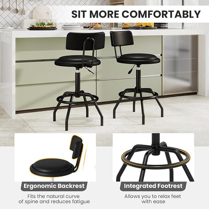 COSTWAY Adjustable Height Bar Stool, 360 Degree Swivel, Modern Guitar Stool for High Ergonomic Seating, with PU Leather Cushion, Heavy Duty Steel Frame for Bar, Shop and Music, Garage, Black